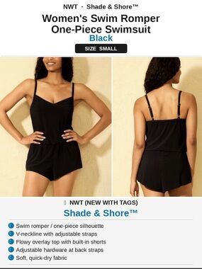 Shade & Shore Black Swim Romper One Piece Swimsuit – Women’s Size Small – NWT